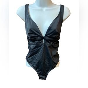 ASOS Swim Women's Plunge One Piece Swimsuit Black Ruched Size 6 US